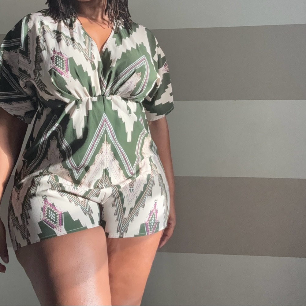 SHEIN Green and Cream Patterned Romper